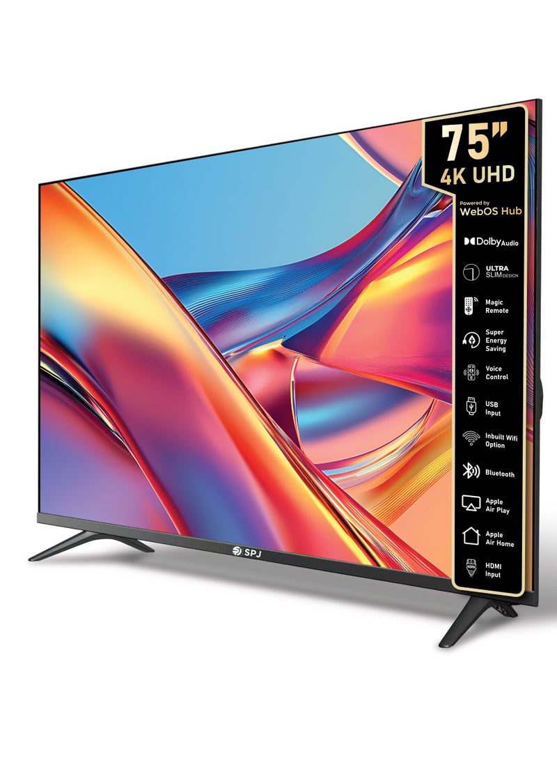 SPJ 75 Inch 4K Ultra QLED Smart WebOS TV With Qled with wall brackets, Dolby Audio, Magic Remote, Apple AirPlay, WIFI/HDMI/USB Ports, WebOS Smart TV, Apps - YouTube/Netflix/Twitch - Black - Image 1